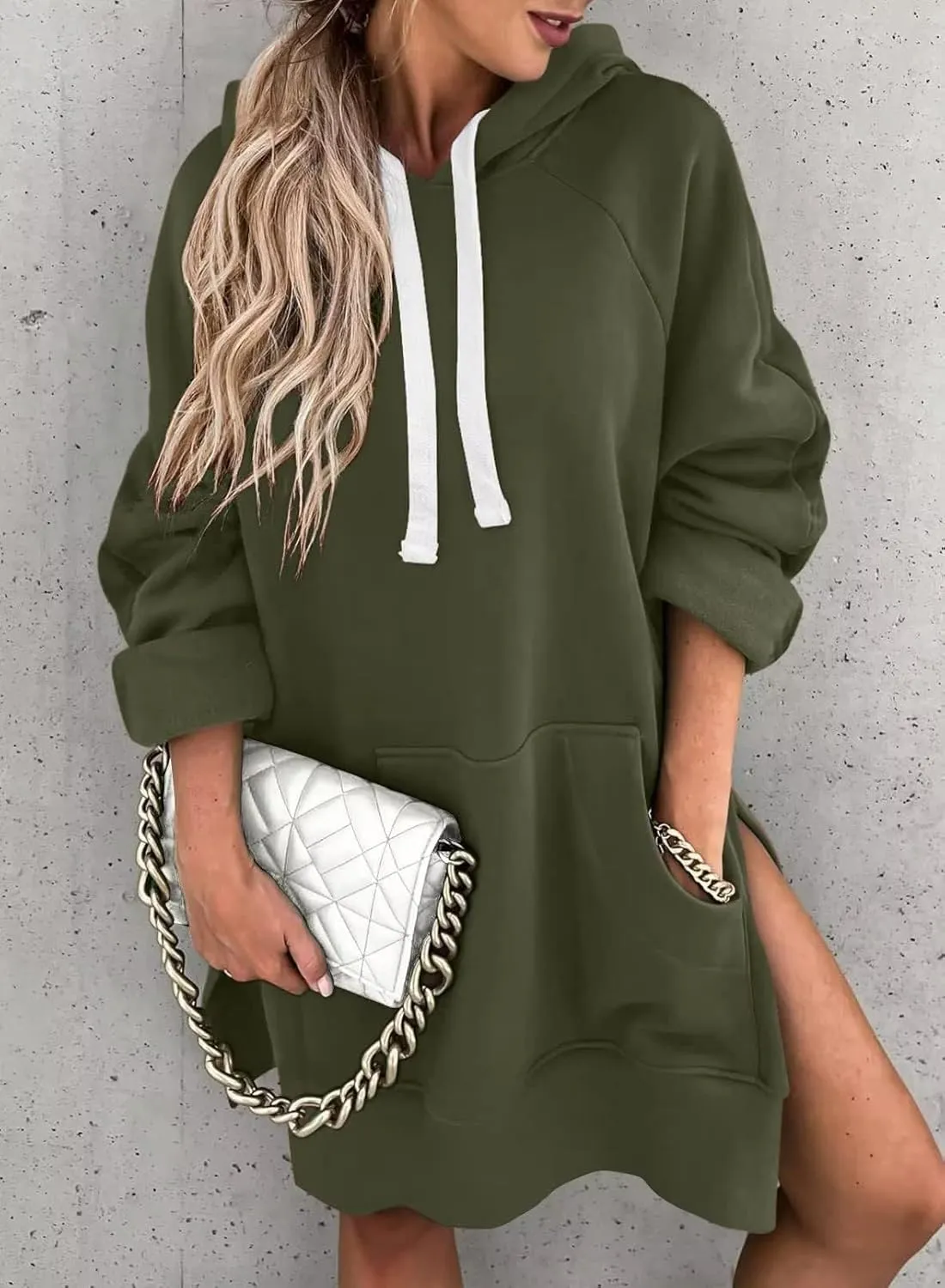 ZOCANIA Women Hoodie Dress Long Sleeve Split Slit Long Sweatshirt Drawstring Fleece Hooded Pullover with Kangaroo Pocket