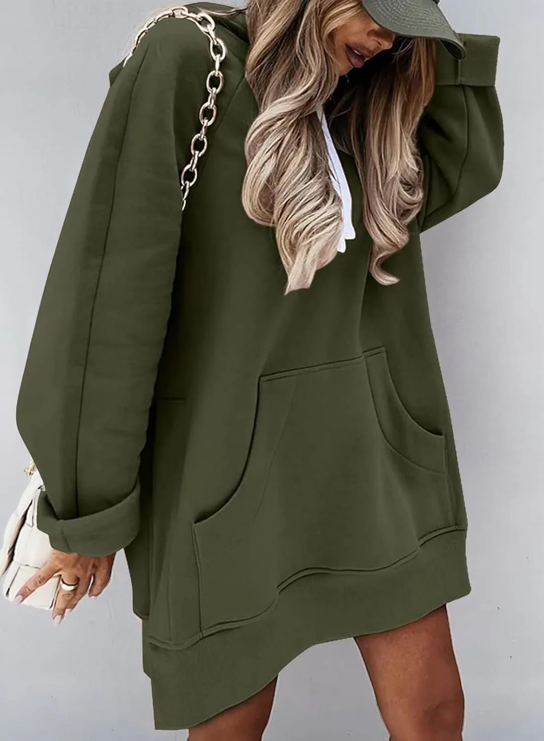 ZOCANIA Women Hoodie Dress Long Sleeve Split Slit Long Sweatshirt Drawstring Fleece Hooded Pullover with Kangaroo Pocket