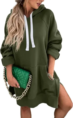 ZOCANIA Women Hoodie Dress Long Sleeve Split Slit Long Sweatshirt Drawstring Fleece Hooded Pullover with Kangaroo Pocket