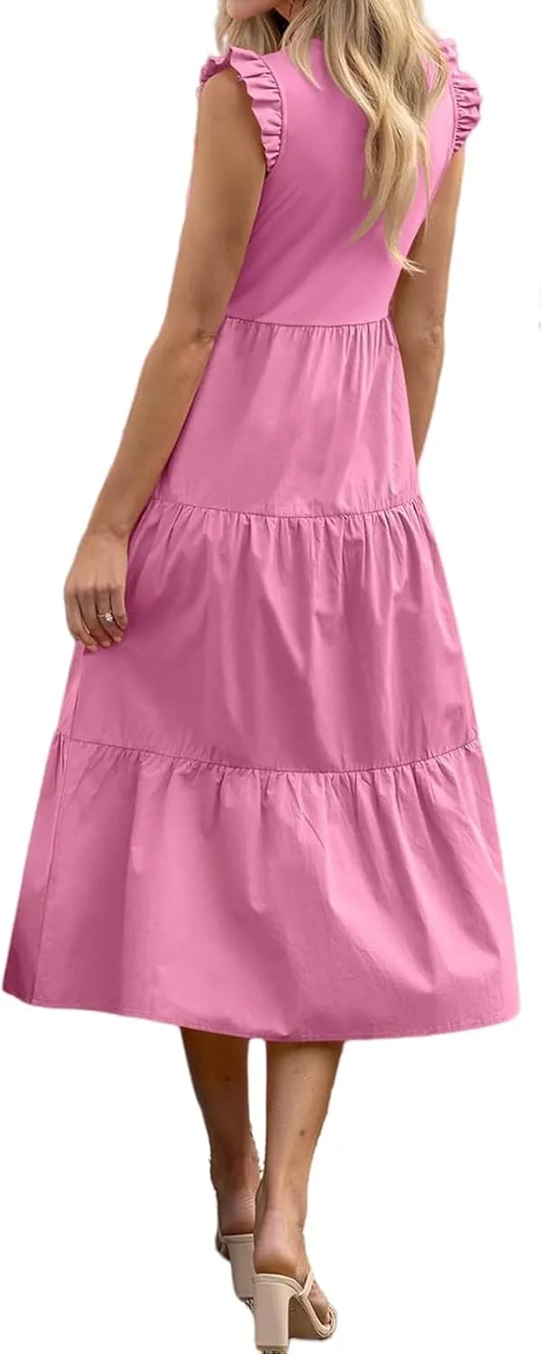 ZWRXW Women's Summer Dresses Casual Flutter Cap Sleeve Dress A-Line Flowy Tiered Beach Midi Dress Trendy Outfits with Pockets