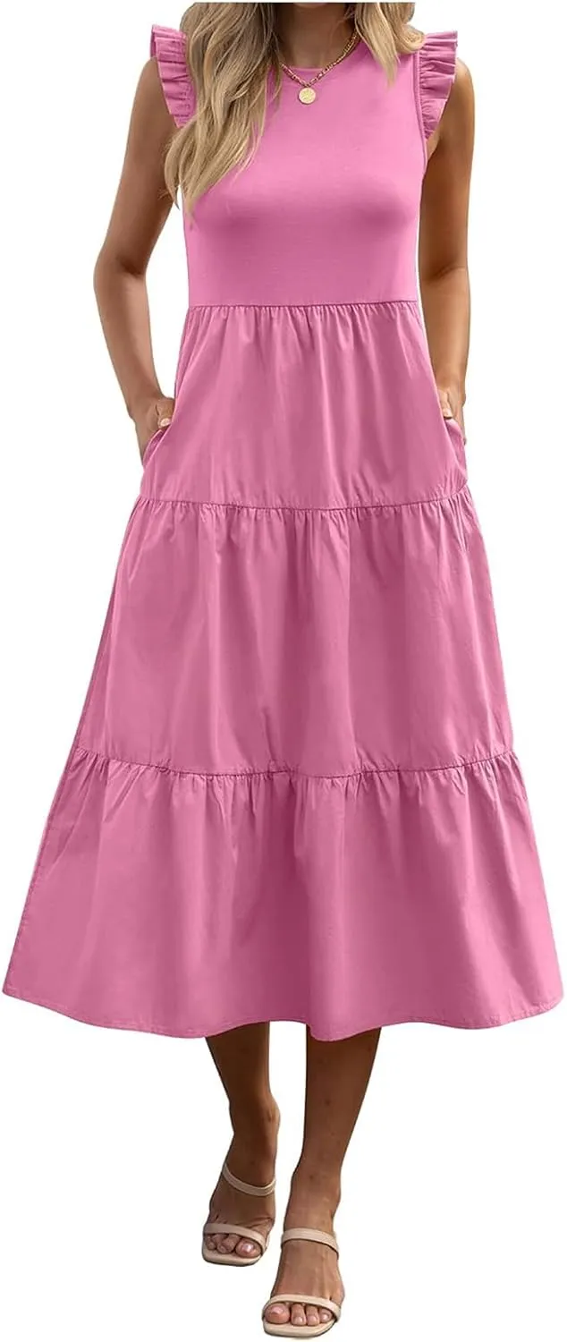 ZWRXW Women's Summer Dresses Casual Flutter Cap Sleeve Dress A-Line Flowy Tiered Beach Midi Dress Trendy Outfits with Pockets
