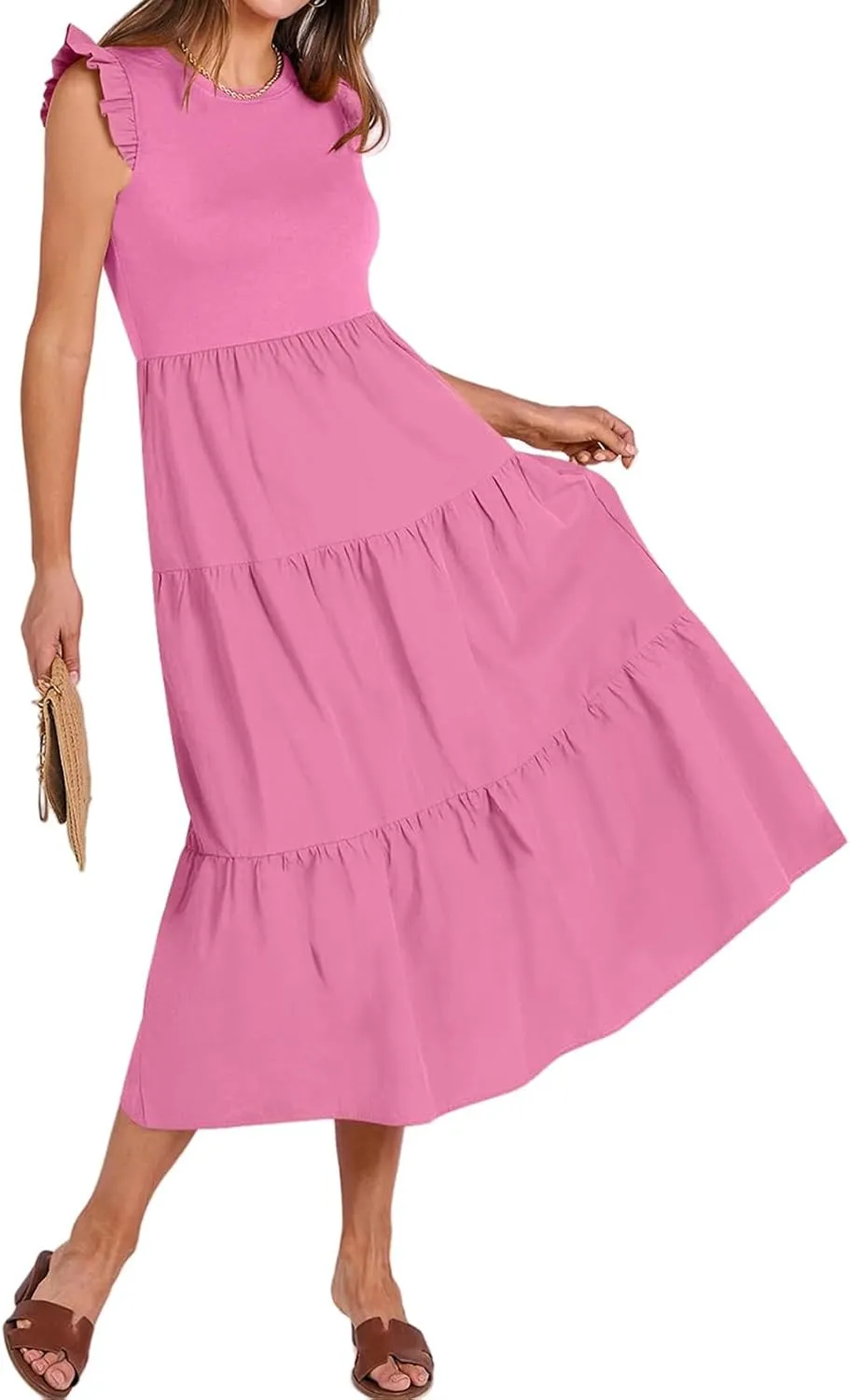 ZWRXW Women's Summer Dresses Casual Flutter Cap Sleeve Dress A-Line Flowy Tiered Beach Midi Dress Trendy Outfits with Pockets