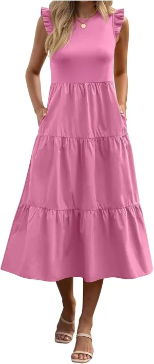 ZWRXW Women's Summer Dresses Casual Flutter Cap Sleeve Dress A-Line Flowy Tiered Beach Midi Dress Trendy Outfits with Pockets