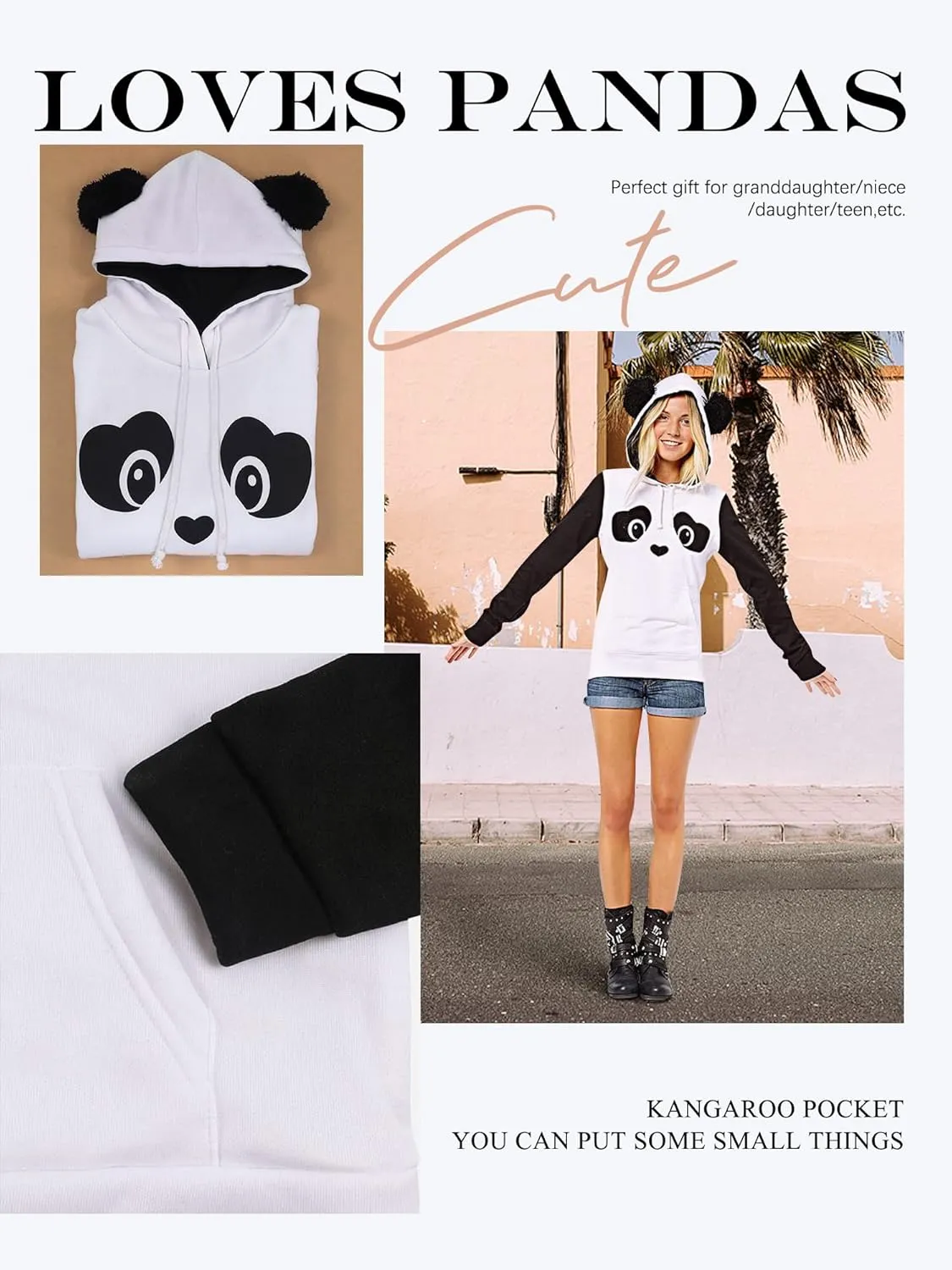 ZXZY Women Cute Cotton Blend Long Sleeve Panda Print Hoodies Pullover Tops