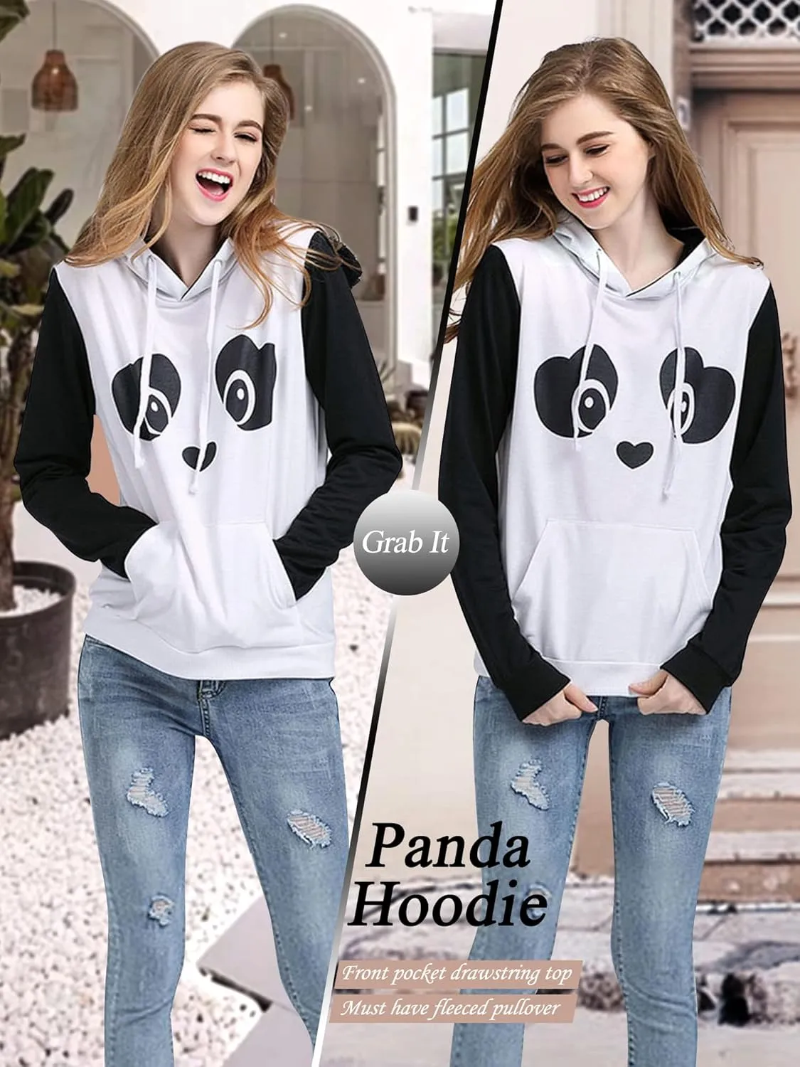 ZXZY Women Cute Cotton Blend Long Sleeve Panda Print Hoodies Pullover Tops